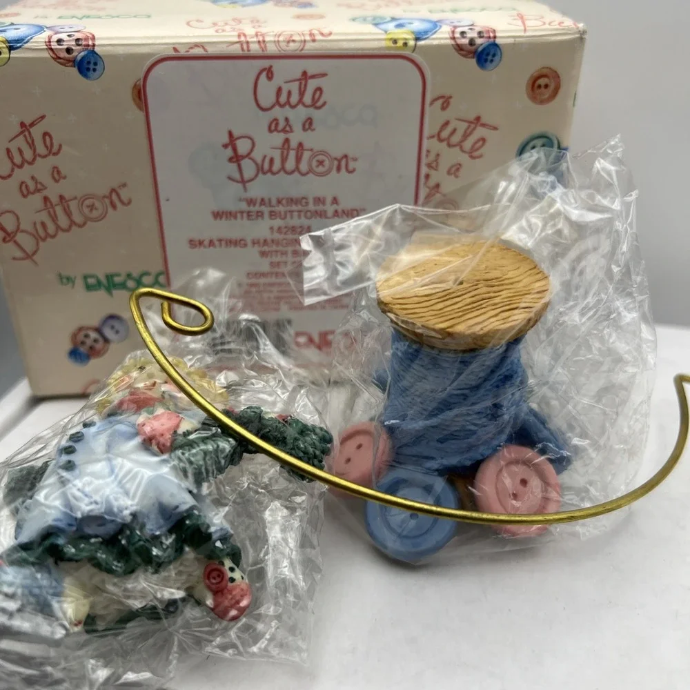 Vintage Enesco Skating Hanging Ornament With Base 142824 Cute As A Button In Box